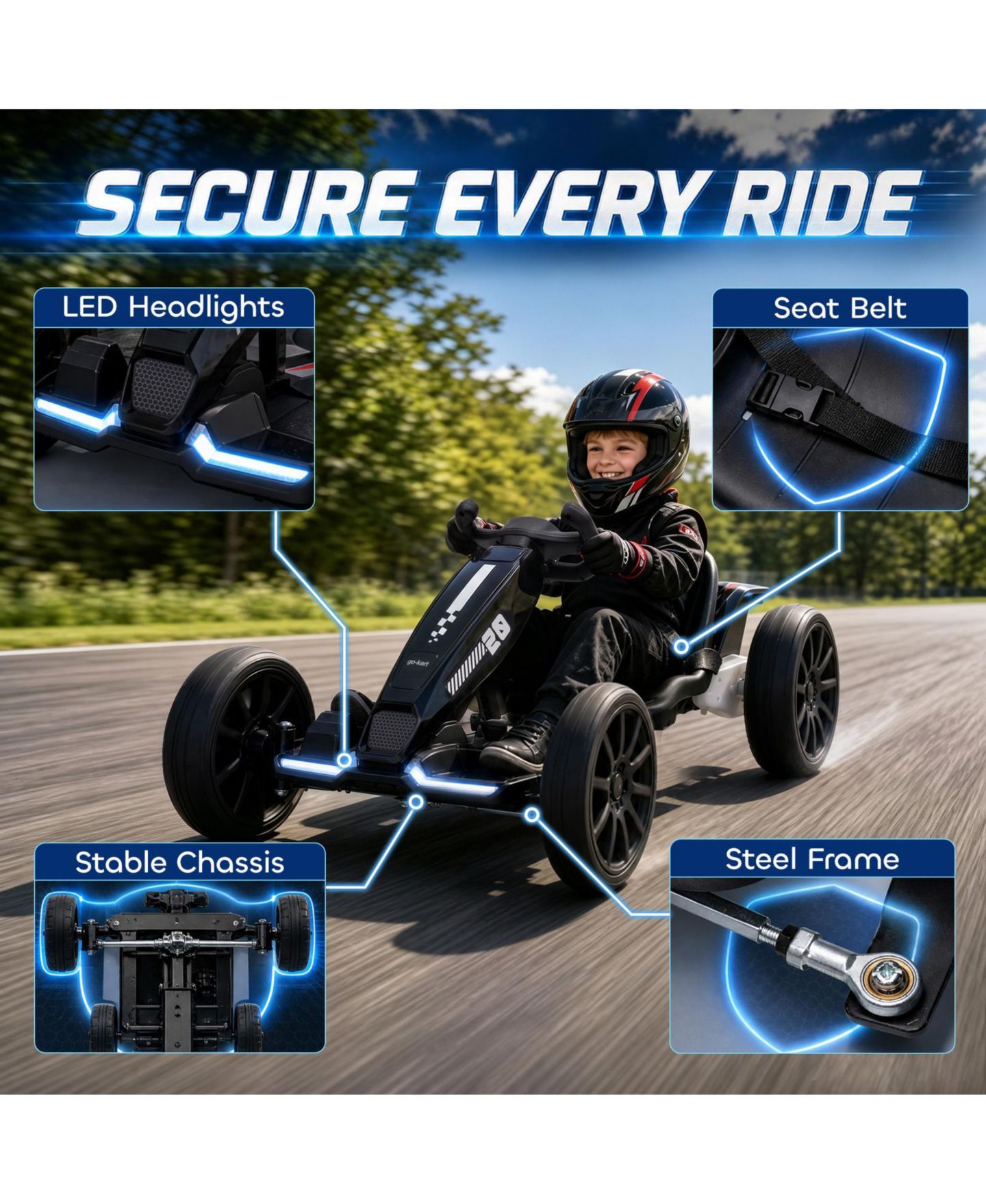 Детская игрушка Glintex 12V Electric Go Kart with Four Length Settings and LED Headlights, Up to 25 kg, 3–6 лет, цвет: Чёрный — фото 8