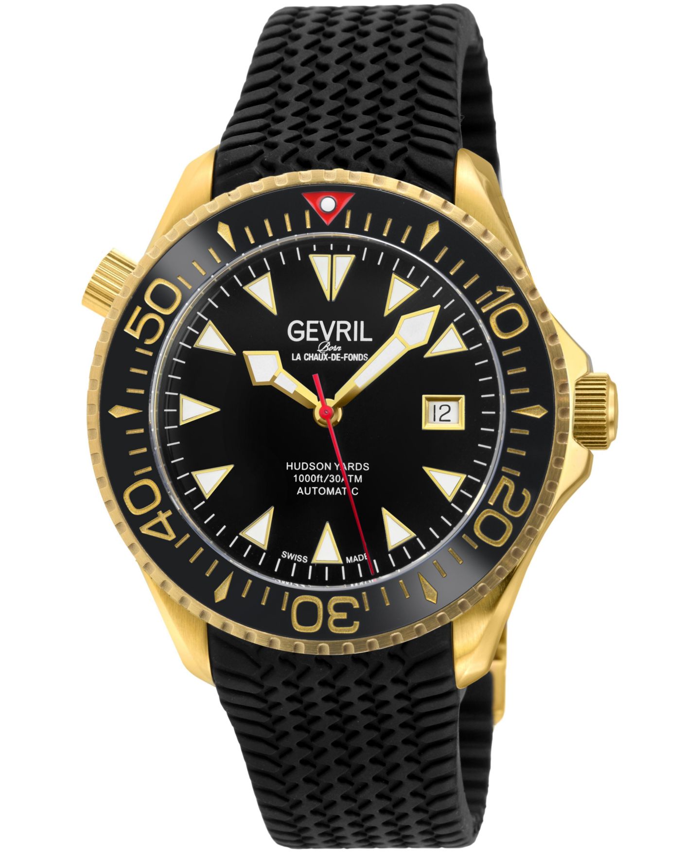 Мужские часы Gevril Hudson Yards Swiss Automatic Rubber Strap Watch, цвет: Золотой — фото 1