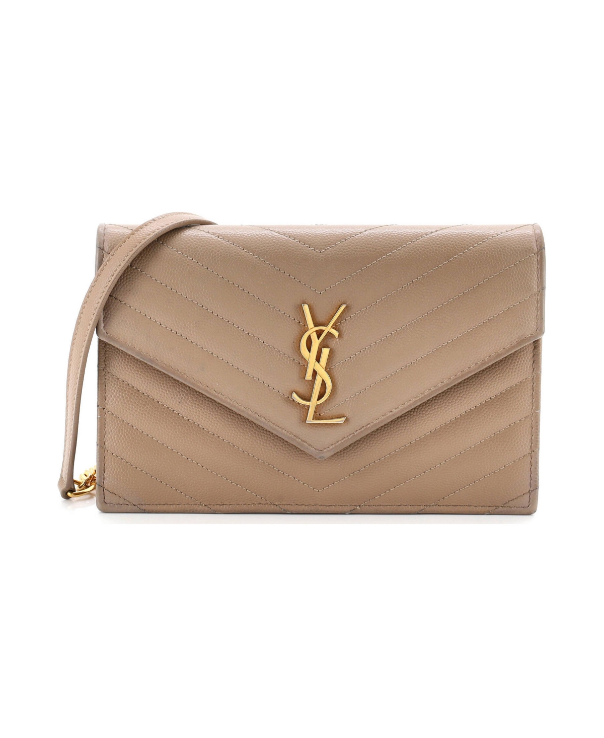 Pre-Owned Saint Laurent Small Classic Monogram Wallet on Chain Matelasse Chevron Leather - Natural