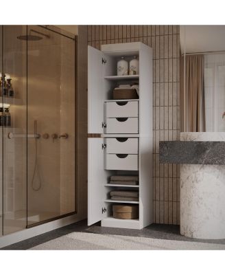 Solid Wood Tall Bathroom Linen Storage Cabinet with Shaker Doors, 4 Drawers, Adjustable Shelves