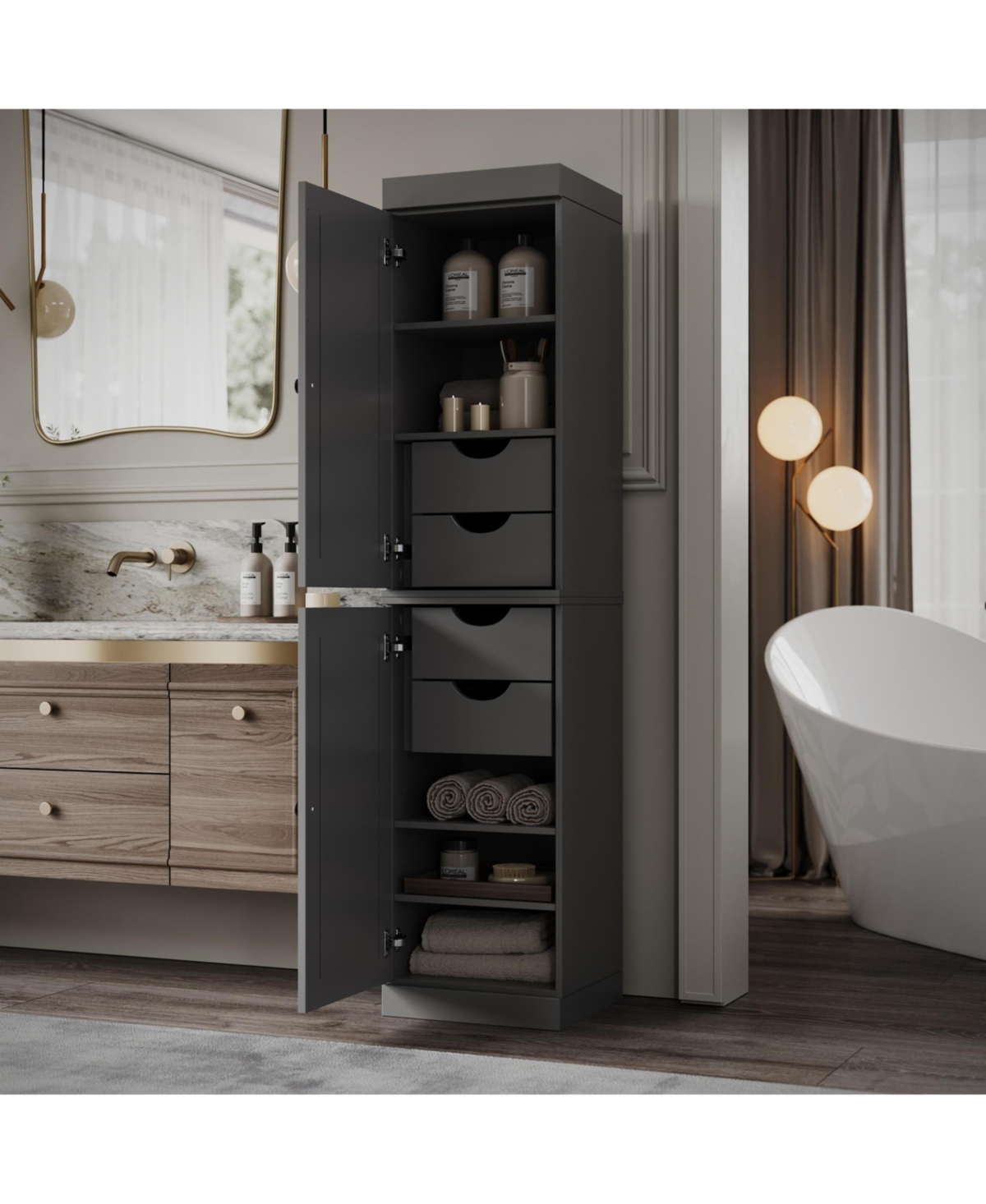 Palace Imports Solid Wood Tall Bathroom Linen Storage Cabinet with Shaker Doors, 4 Drawers, Adjustable Shelves - Gray