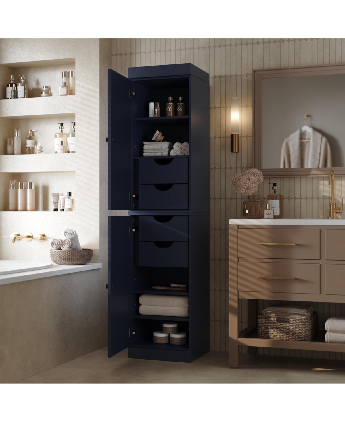 Palace Imports Solid Wood Tall Bathroom Linen Storage Cabinet with Shaker Doors, 4 Drawers, Adjustable Shelves - Navy blue