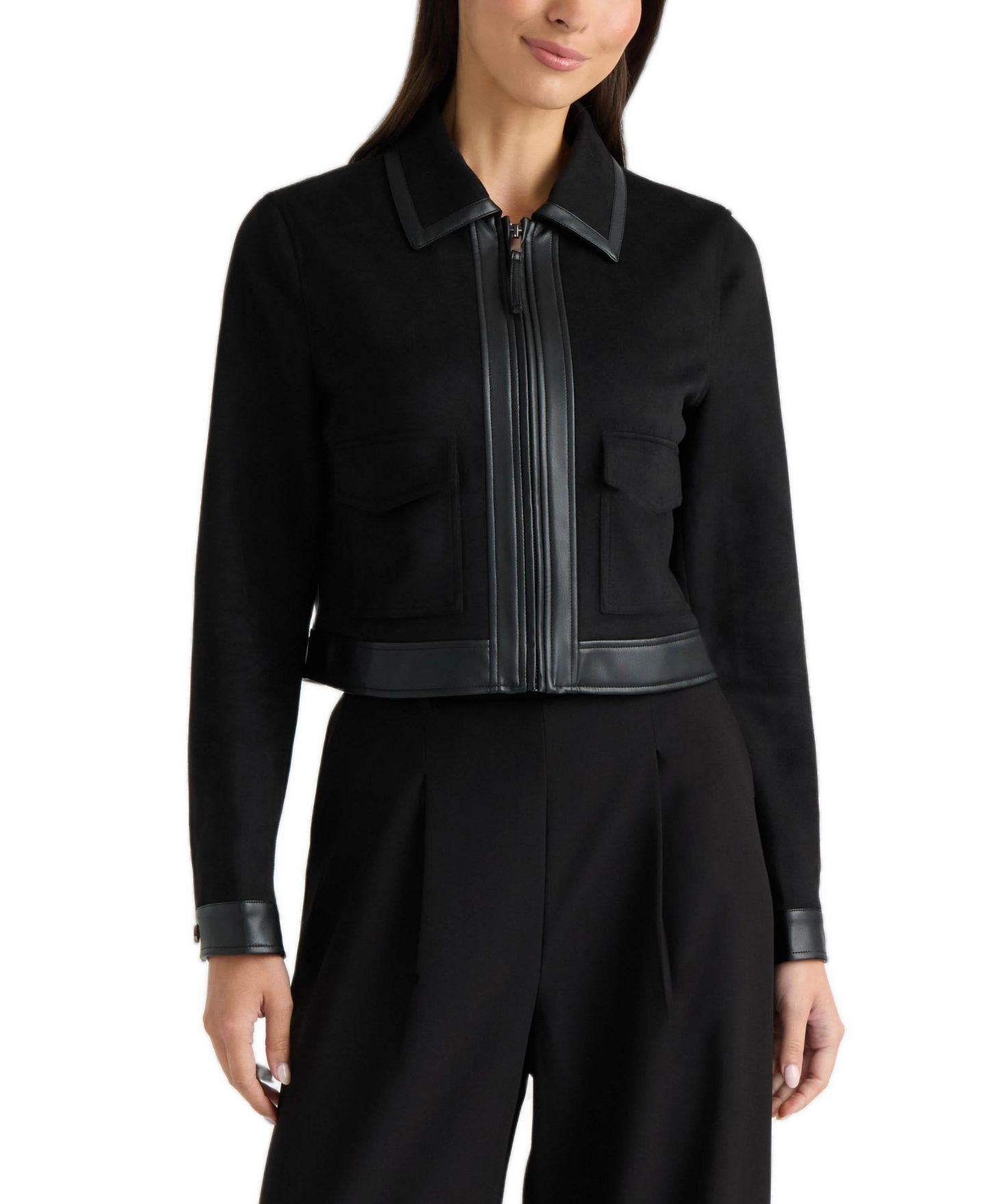 Женская куртка Ellen Tracy Faux Suede Cropped Zip-Front, цвет: Чёрный — фото 1