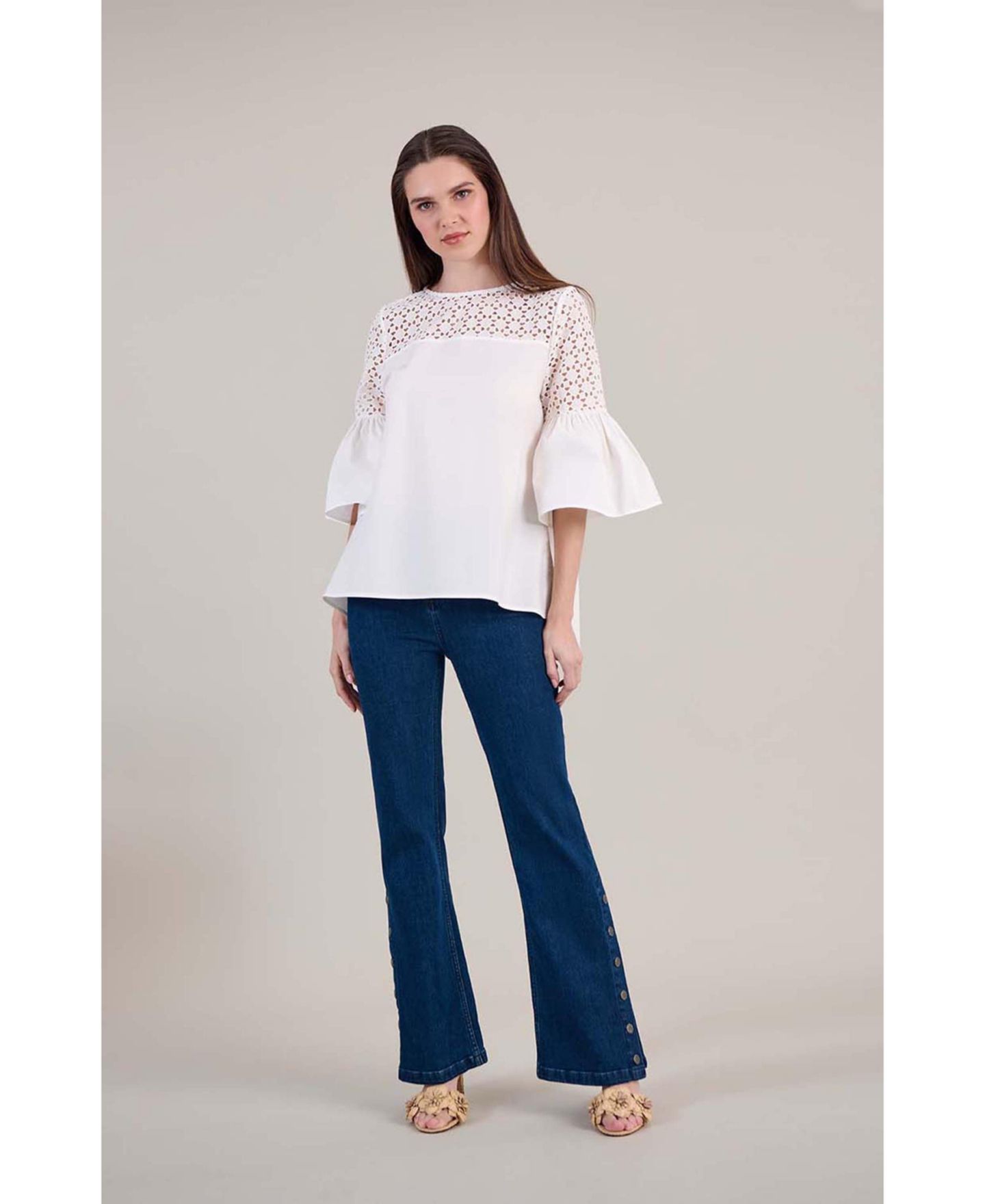 Женская футболка Anne Fontaine Piper Bell-Sleeve Geometric Eyelet Cotton-Blend Poplin, цвет: Белый — фото 8