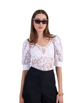 Women's Katia Open Lace V-Neck Puff Sleeves T-Shirt