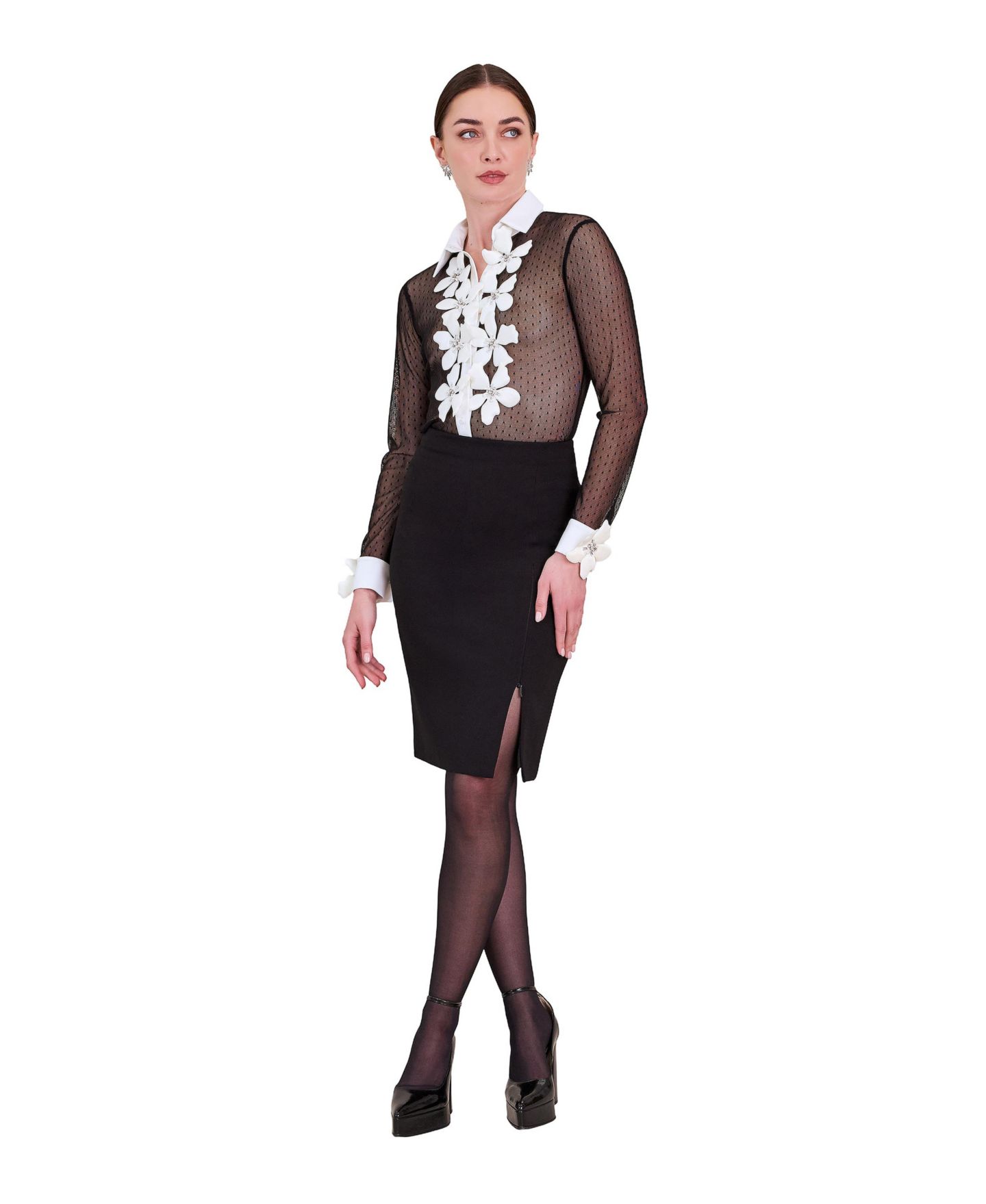 Женская блузка Anne Fontaine Terra Sheer Long-Sleeve Floral-Applique, цвет: Чёрный — фото 2