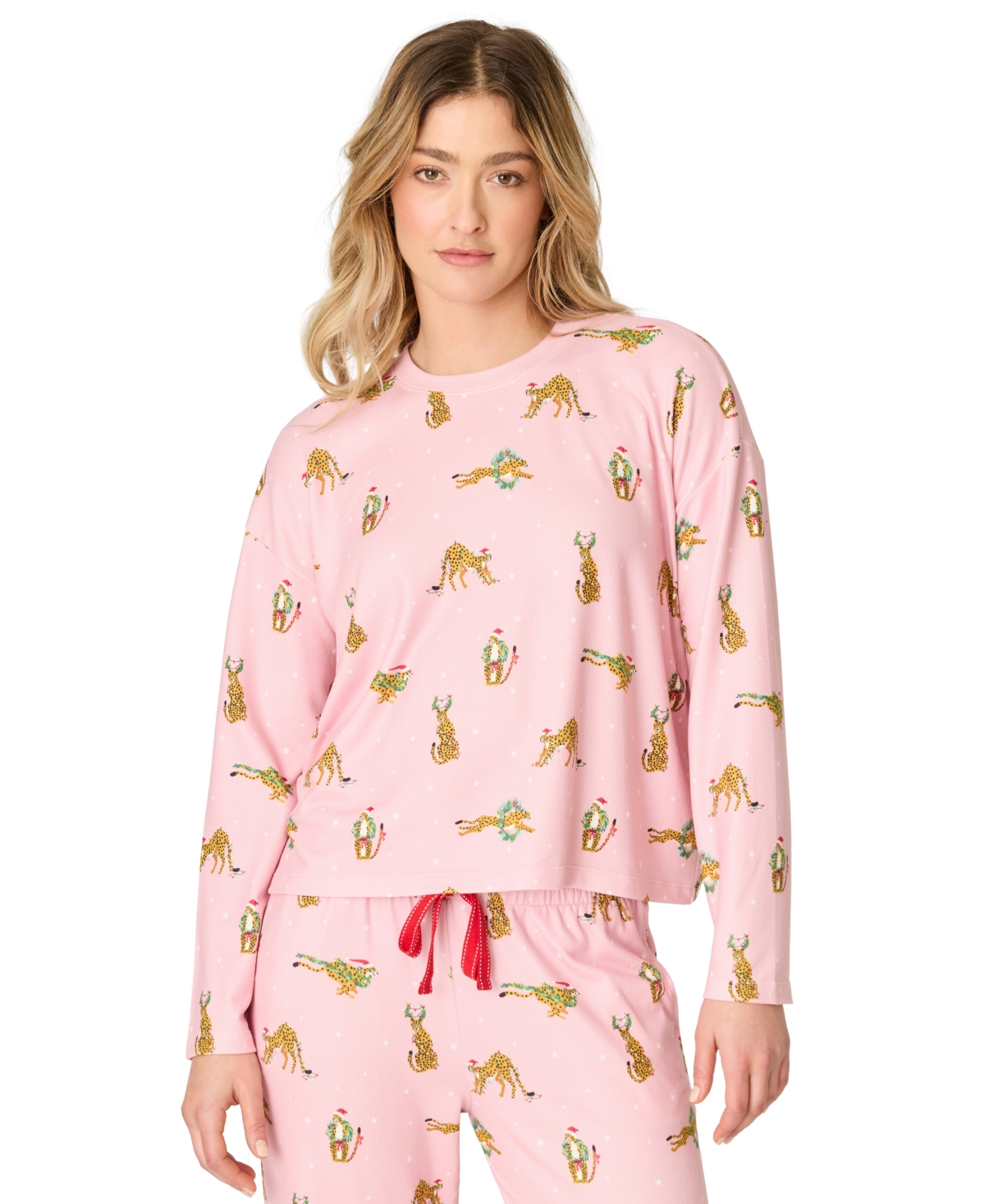 Pj Salvage Women's Very Merry Long-Sleeve Leopard-Print Butter Jersey Pajama Top - Pink Orchid