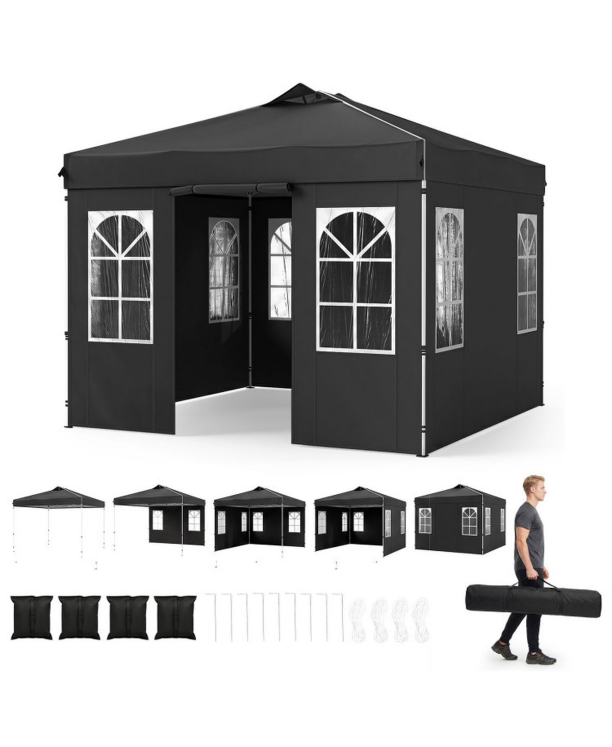 Sugift 10 x 10 Ft Pop Up Canopy Tent with 4 Sidewalls and Adjustable Height Waterproof Tent - Black