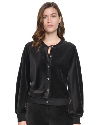 Women's Velour Snap-Front Crewneck Cardigan Sweater