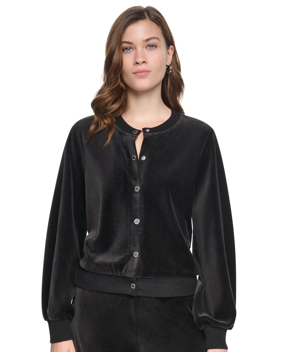 Dkny Jeans Women's Velvet Snap-Front Crewneck Cardigan Sweater - Black