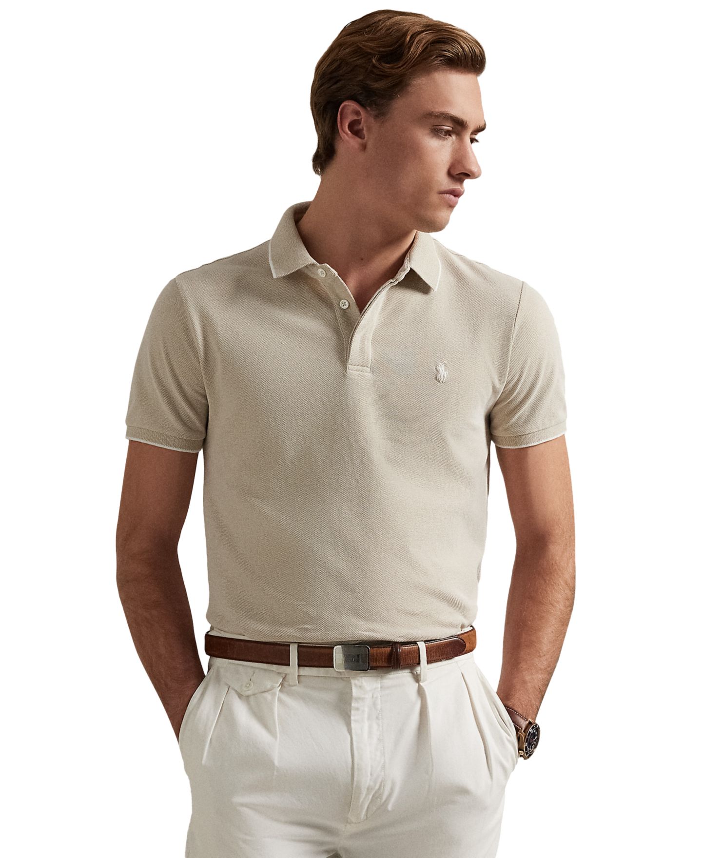 Мужское сетчатое поло Polo Ralph Lauren Oxford классического кроя со стрейчем, цвет: Синий разноцветный — фото 5