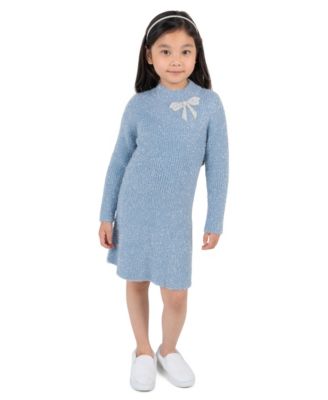 Girls' 4-6X Metallic Rib Knit A-Line Dress with Rhinestone Bow Detail