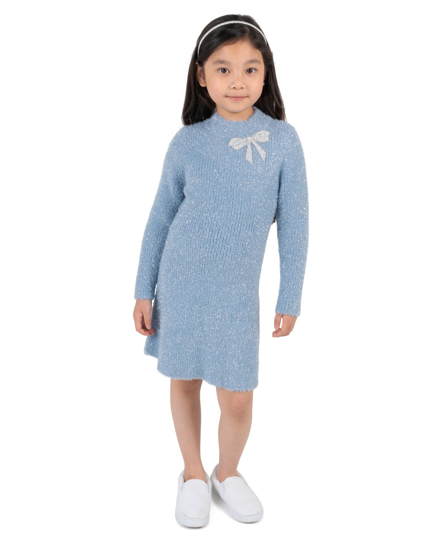 Платье Rare Editions Metallic Rib Knit A-Line with Rhinestone Bow Detail для девочек, цвет: Синий — фото 1