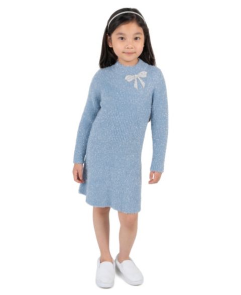 Платье Rare Editions Metallic Rib Knit A-Line with Rhinestone Bow Detail для девочек, цвет: Синий