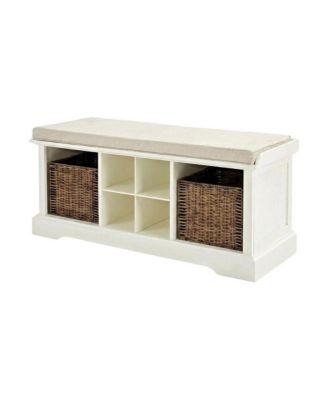 White Entryway Storage Bench, 2 Wicker Baskets, Cushioned Seat, MDF