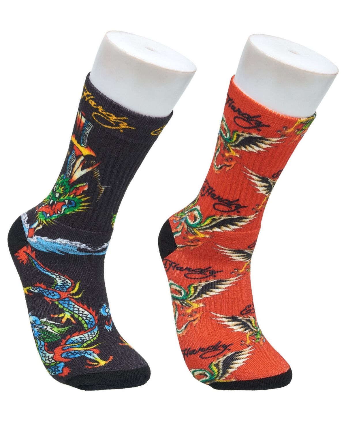 Ed Hardy Men's Dragon Bird 360 Print Full Cushion Ribbed Crew Socks, 2-Pack