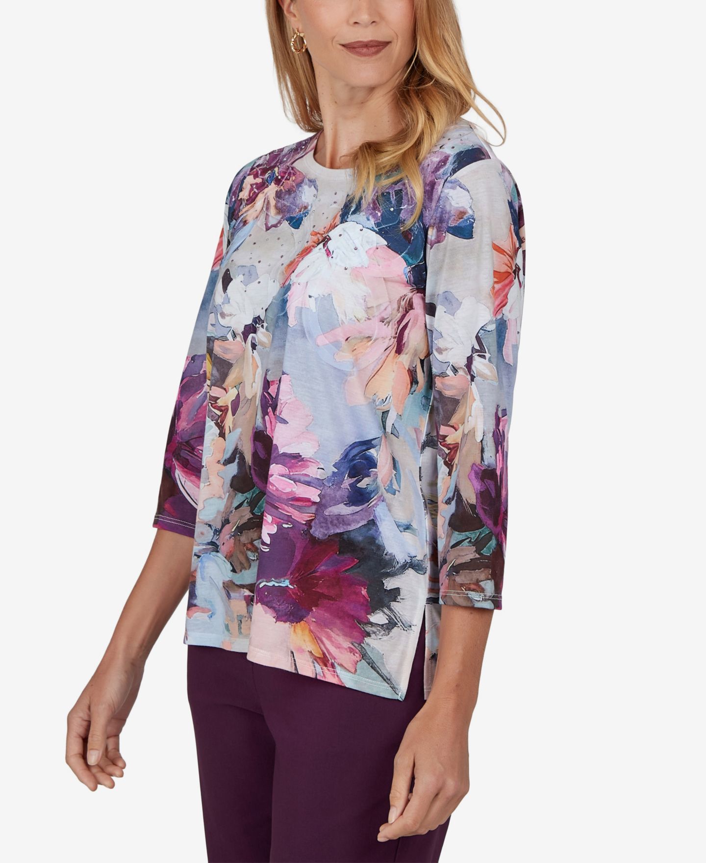 Женская футболка Alfred Dunner Petite Floral-Print 3/4-Sleeve, цвет: Разноцветный — фото 2