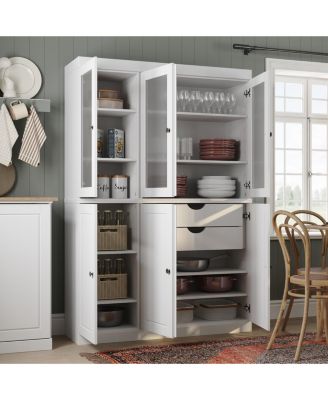 Solid Wood Kitchen Pantry China Cabinet, 48.5"W x 71.5"H, Frosted Glass and Raised Panel Doors, 2 Drawers, Adjustable Shelves
