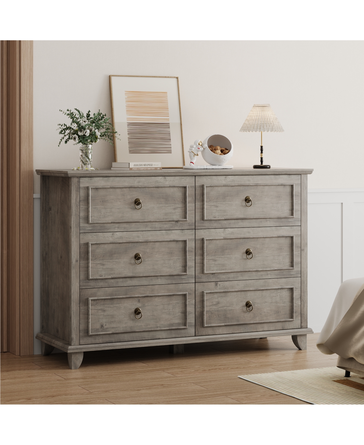 homfan 6 Drawer Farmhouse Dresser Engineered Wood Chest of Drawers Storage Cabinet for Bedroom Living Room Nursery - Grey