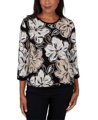 Petite Sweatr Pet Floral-Print 3/4-Sleeve Crewneck Sweater