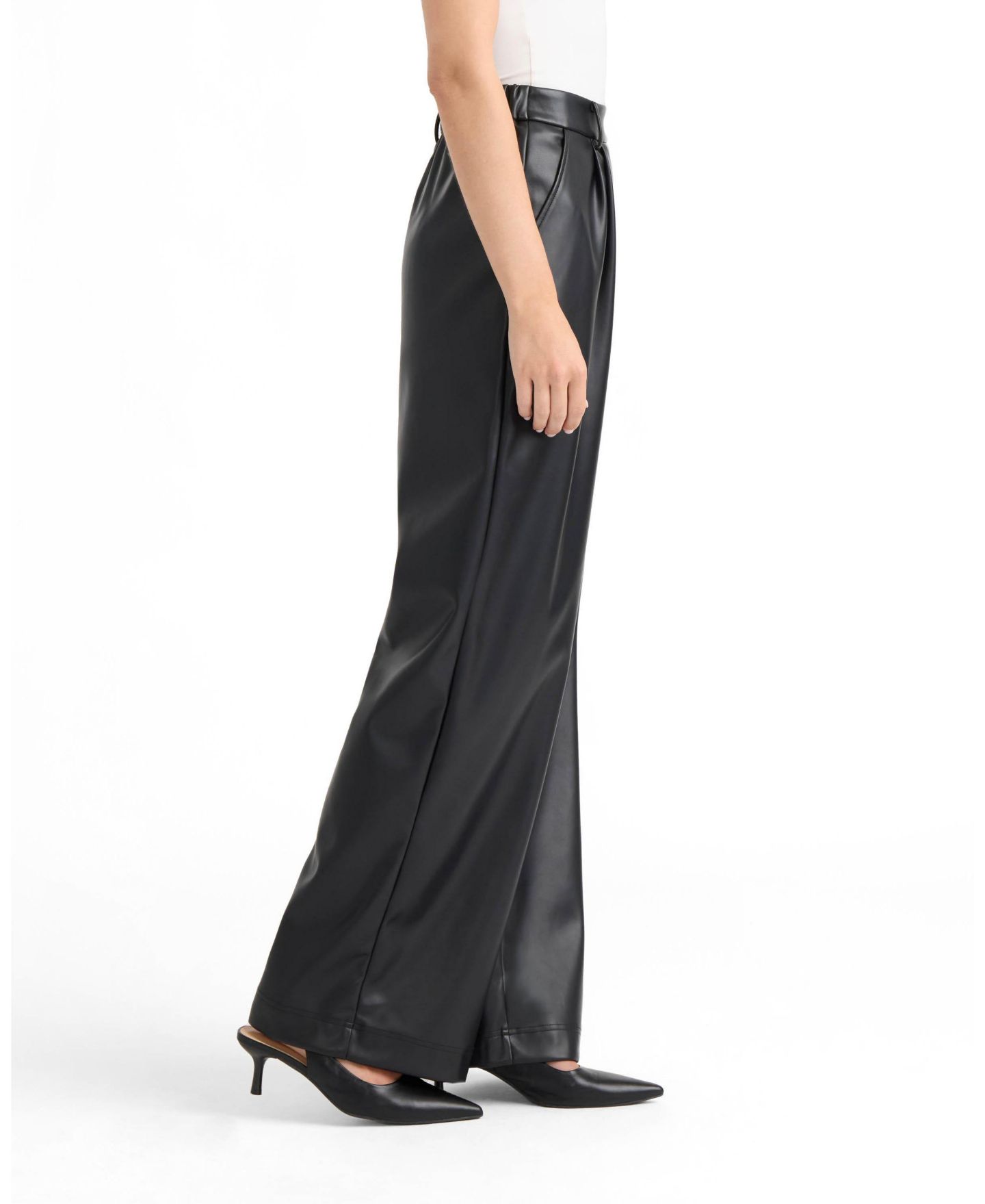 Женские брюки Ellen Tracy Pleated Wide-Leg Faux Leather, цвет: Чёрный — фото 3
