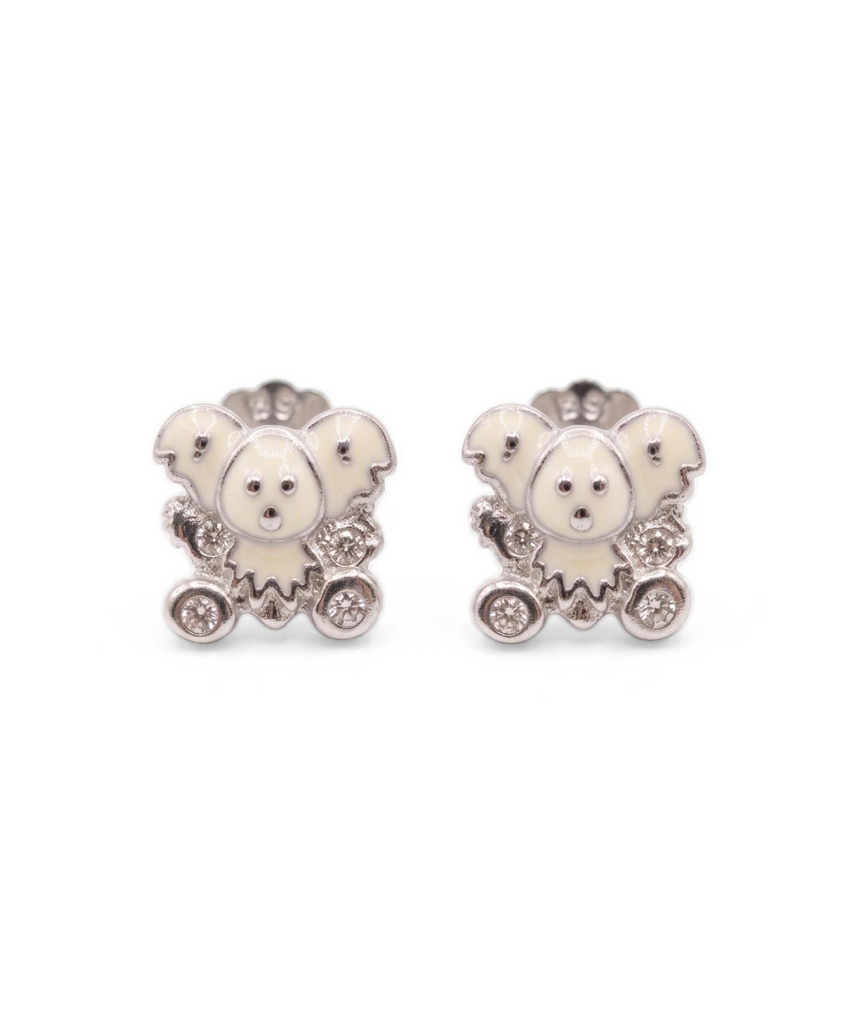 Simona Sterling Silver, Pink and White Enamel with Cz Koala Bear Earrings - White