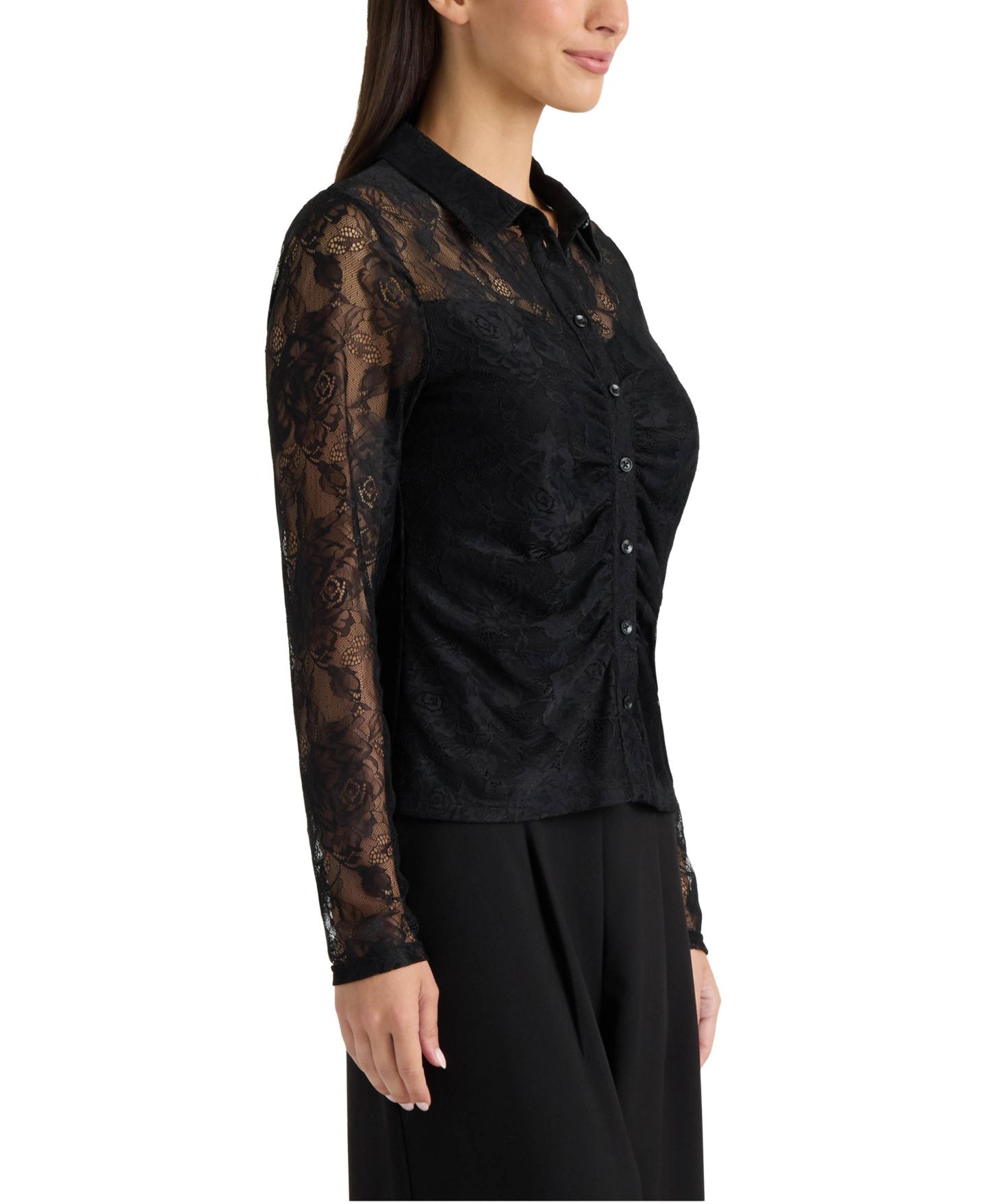 Женская рубашка Ellen Tracy Floral-Print Lace Button-Down, цвет: Чёрный — фото 2