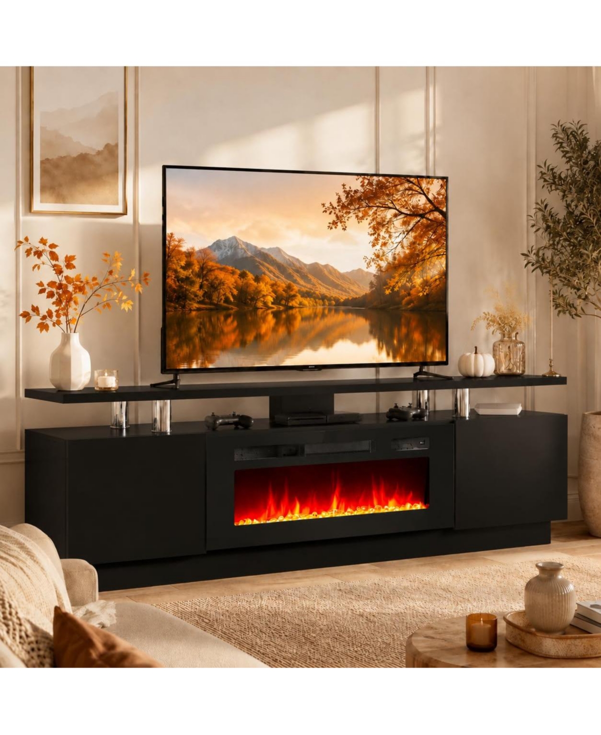 homfan 60" Wood Fireplace Tv Stand with 30" Electric Heater, Media Console for TVs up to 70" - Black