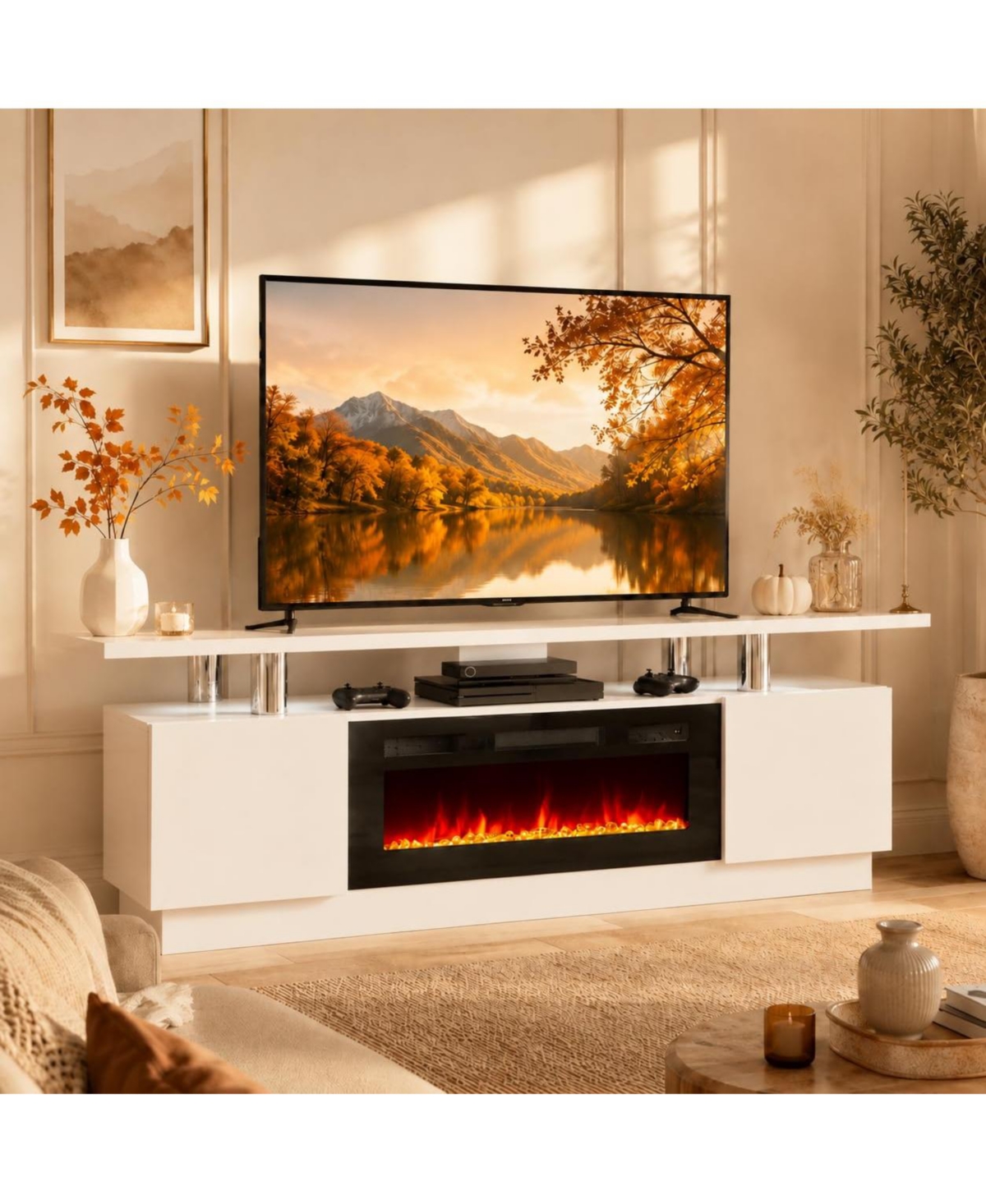 homfan 60" Wood Fireplace Tv Stand with 30" Electric Heater, Media Console for TVs up to 70