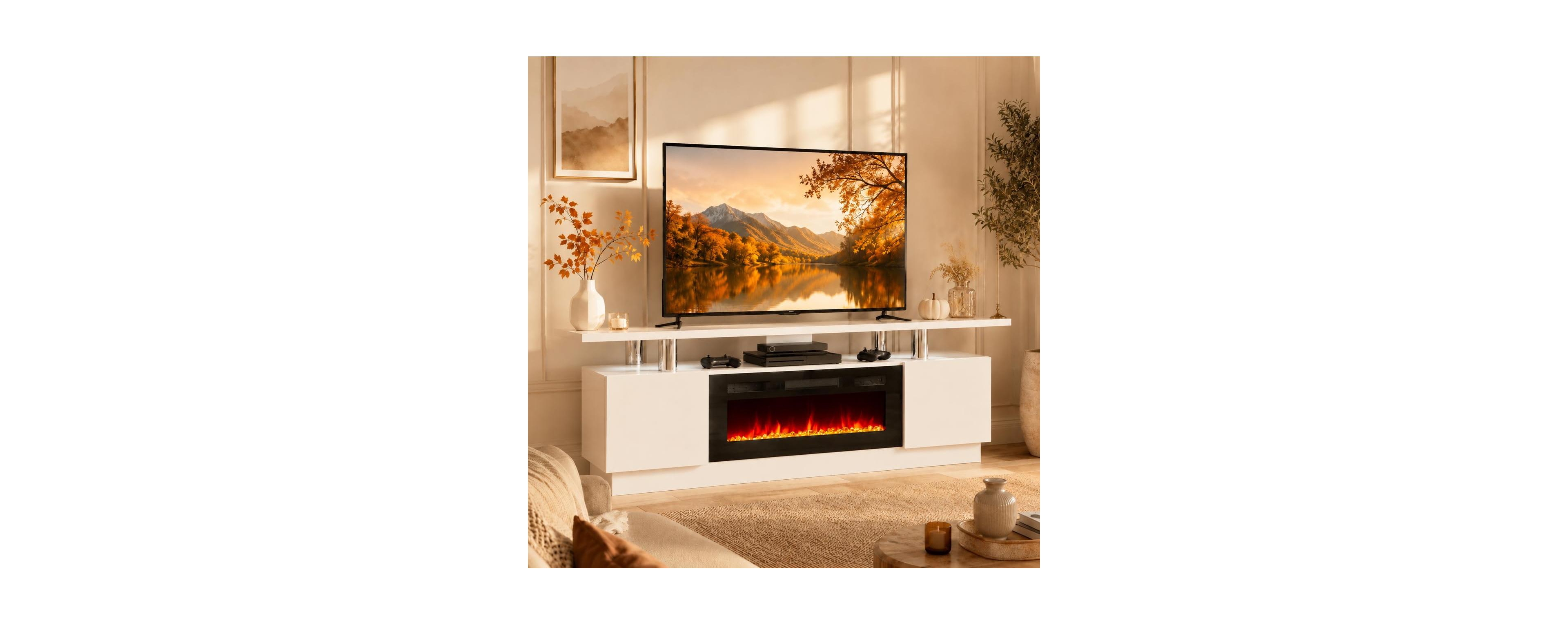 homfan 60" Wood Fireplace Tv Stand with 30" Electric Heater, Media Console for TVs up to 70