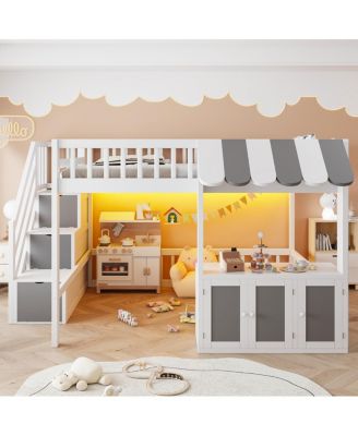 Full Size Loft Bed with Storage Steps, LED Lights and Cabinets