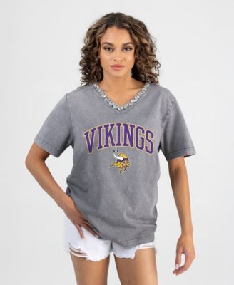Women's Gray Minnesota Vikings Relaxed Iconic Edge Rhinestone V-Neck T-Shirt
