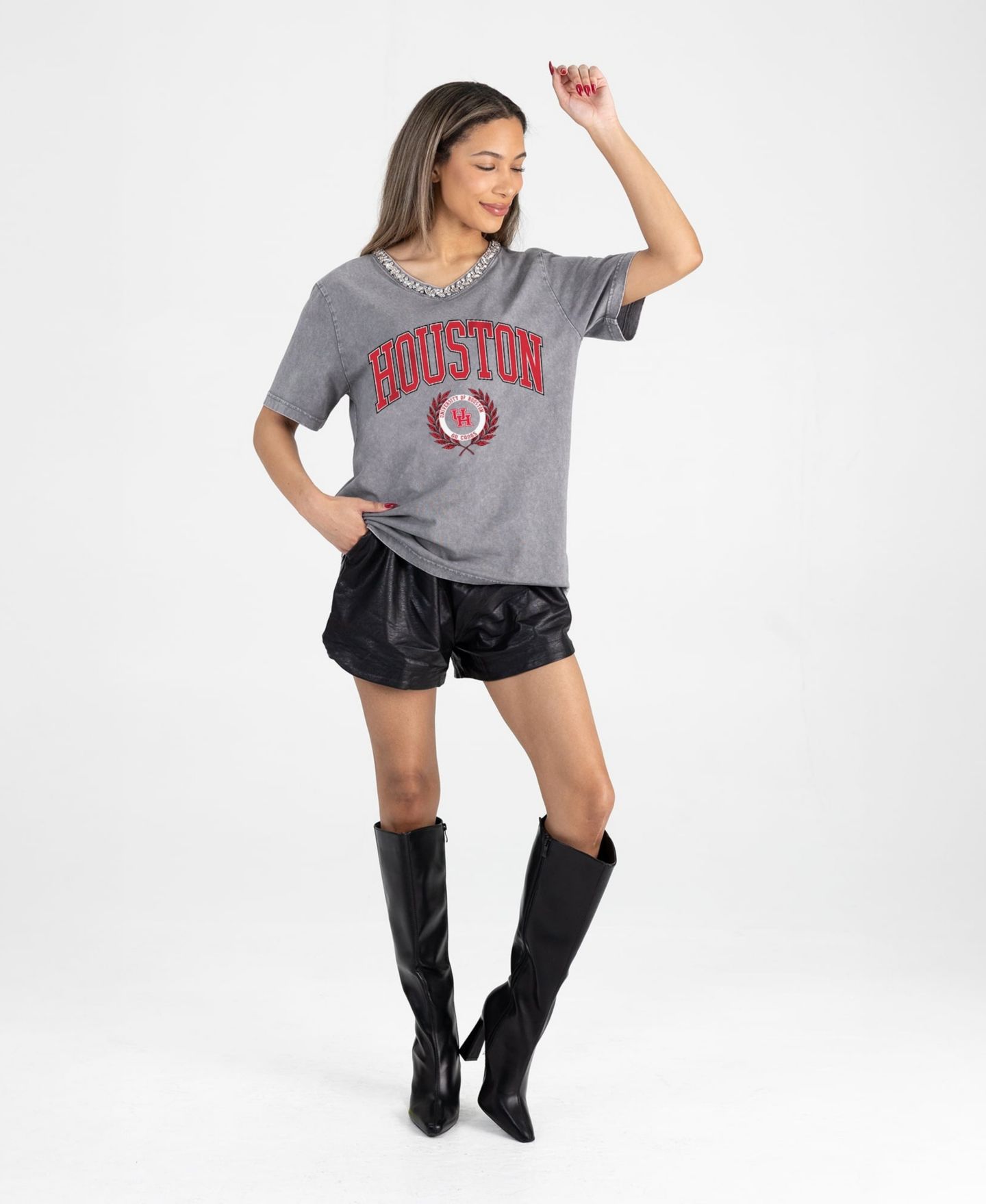 Женская футболка Gameday Couture Gray Houston Cougars Iconic Edge Rhinestone V-Neck — фото 3