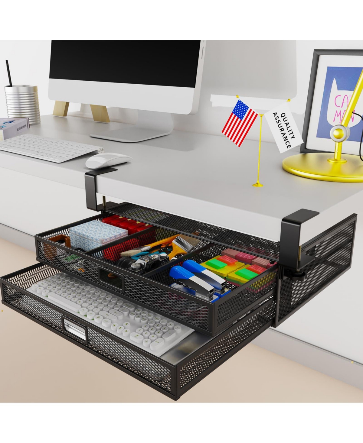 Four Candies 2 Slide Out Under Desk Drawer Organizer No Drilling Clamp On Storage For Home Office - Default