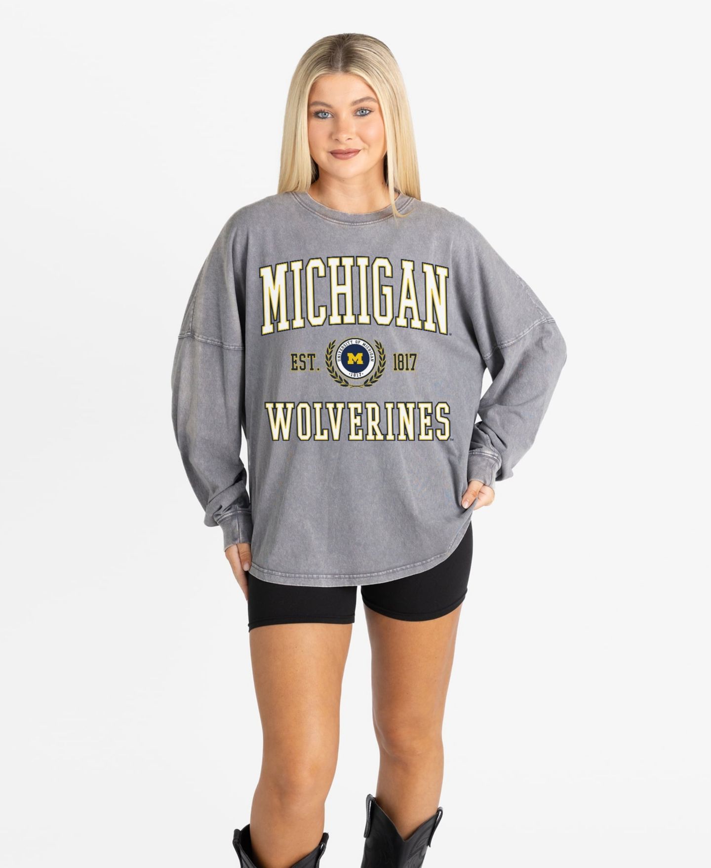 Женская футболка Gameday Couture Gray Michigan Wolverines Oversized Final Score Snow Wash Long-Sleeve — фото 1