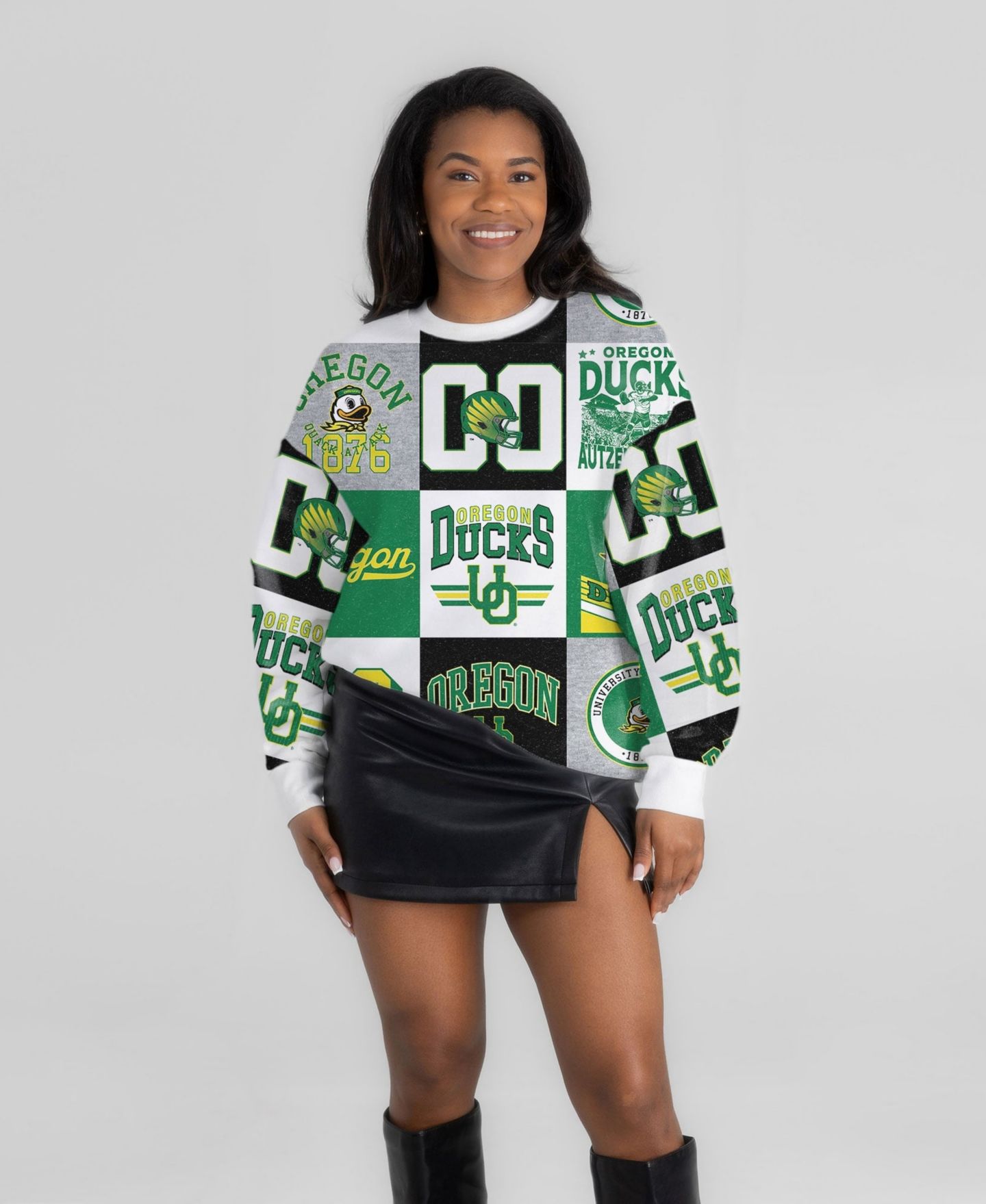 Женский свитер Gameday Couture Green Oregon Ducks Highlight Reel Patchwork Long-Sleeve Pullover — фото 1