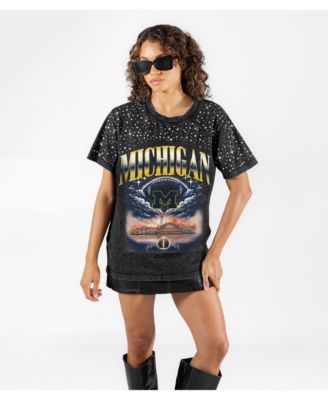 Women's Black Michigan Wolverines Dream Big Washed Micro Rhinestone T-Shirt