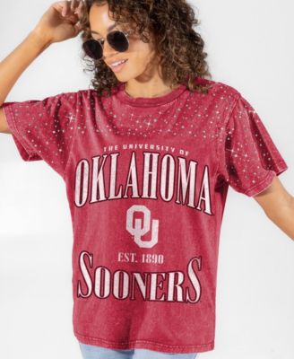 Women's Crimson Oklahoma Sooners Sparkle Score Washed Micro Rhinestone T-Shirt