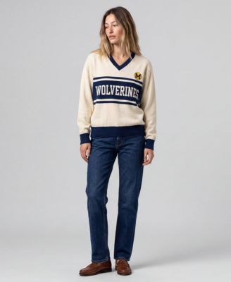 Women's Cream Michigan Wolverines Retro Roots V-Neck Sweater