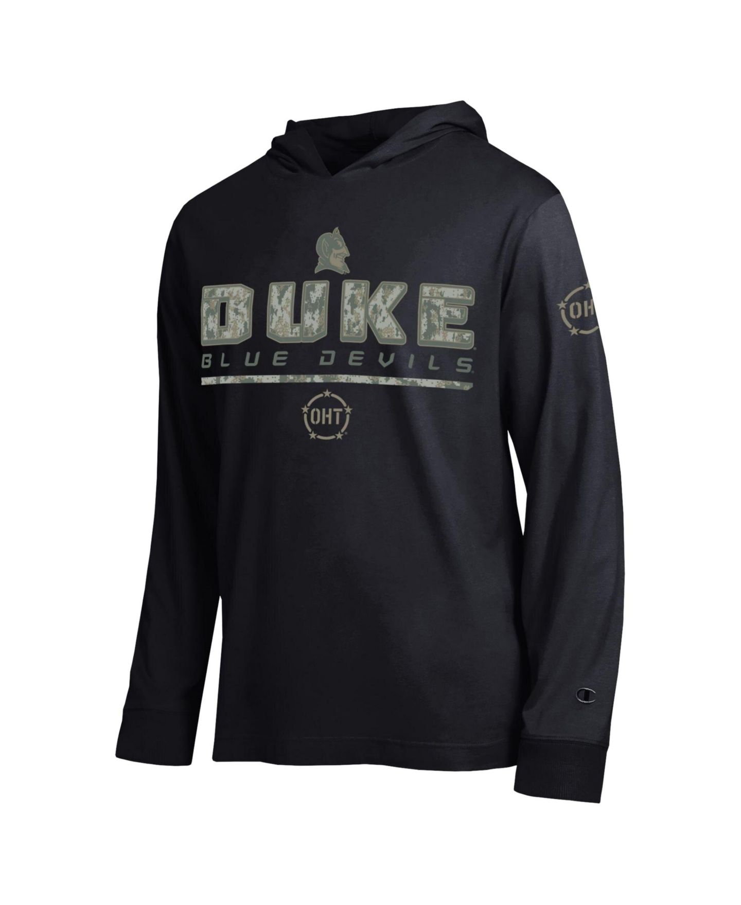 Мужская футболка Champion Black Duke Blue Devils Operation Hat Trick Camo Script Hooded Long-Sleeve — фото 2