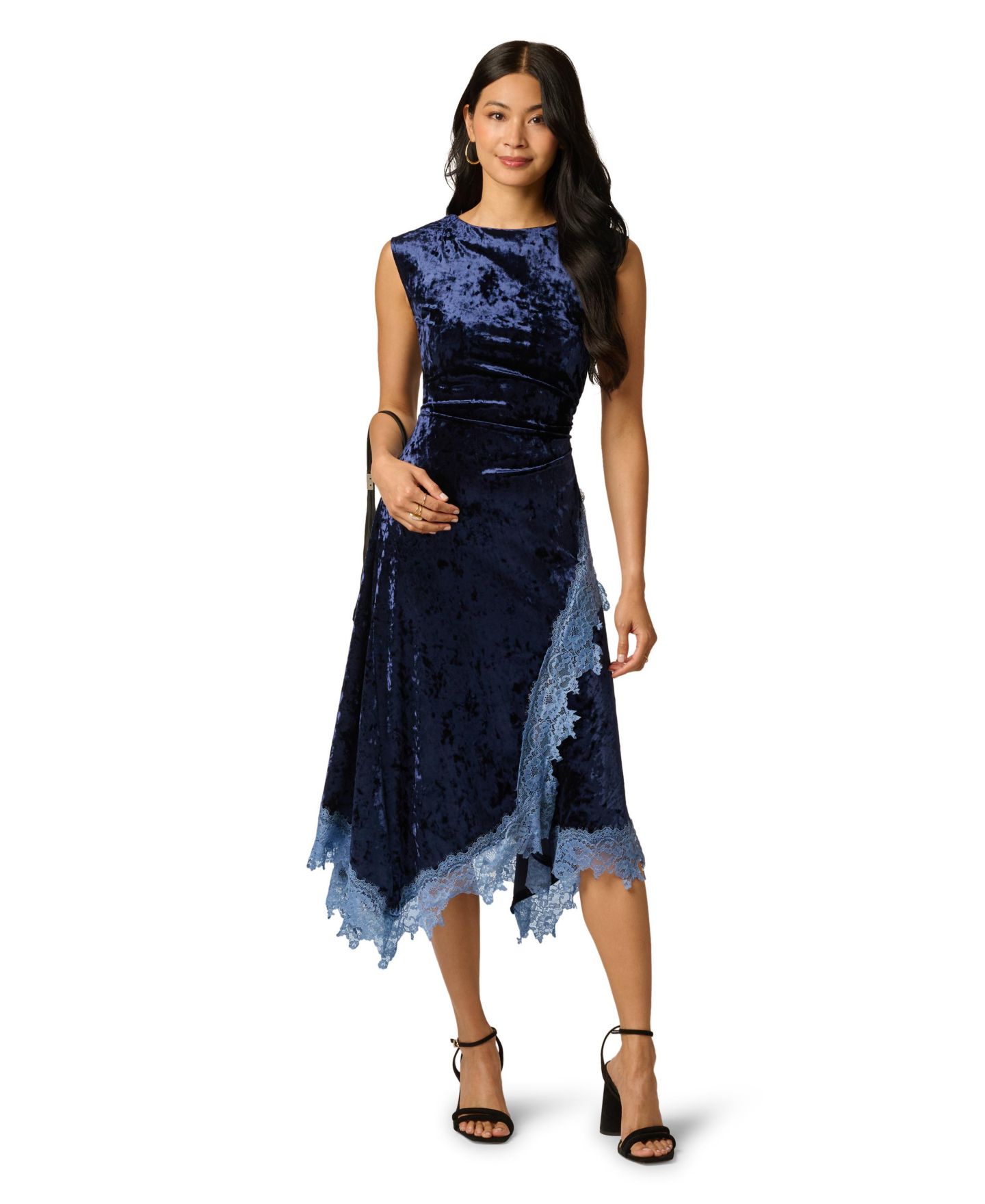 Женское платье Adrianna Papell Velvet Lace-Trim Surplice, цвет: Тёмно-синий пионовый — фото 2