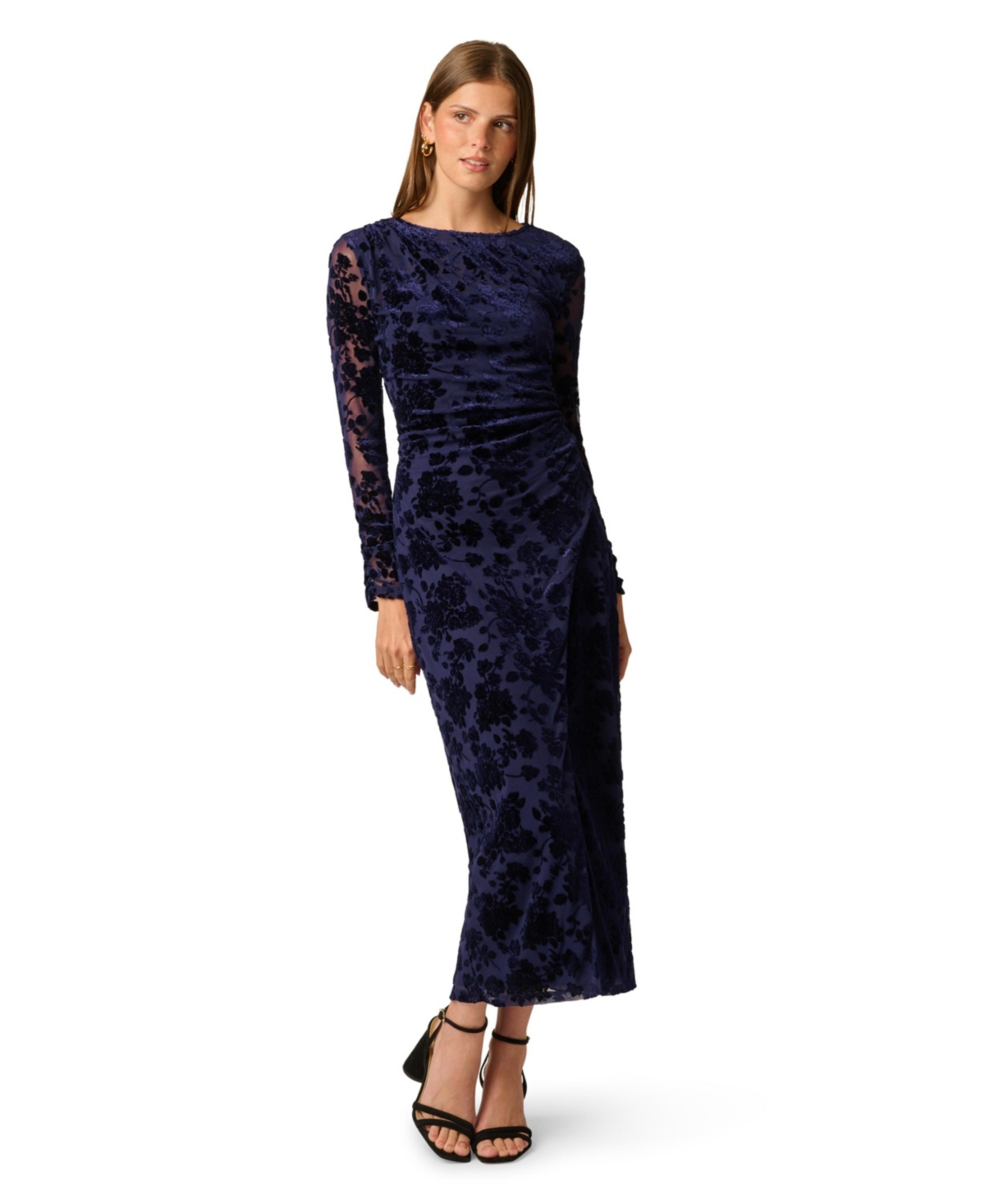 Adrianna Papell Women's Long-Sleeve Ruched Floral-Print Dress - Navy