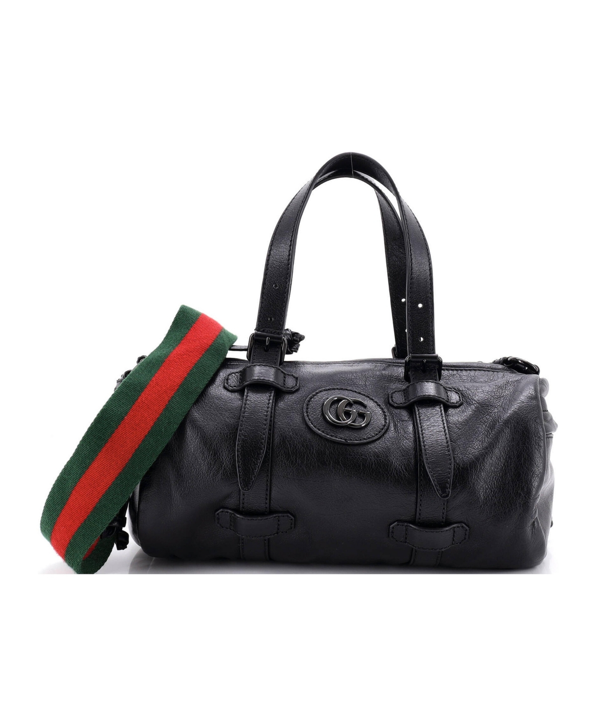 Pre-Owned Gucci Small Tonal Gg Belted Duffle Bag Leather - Black