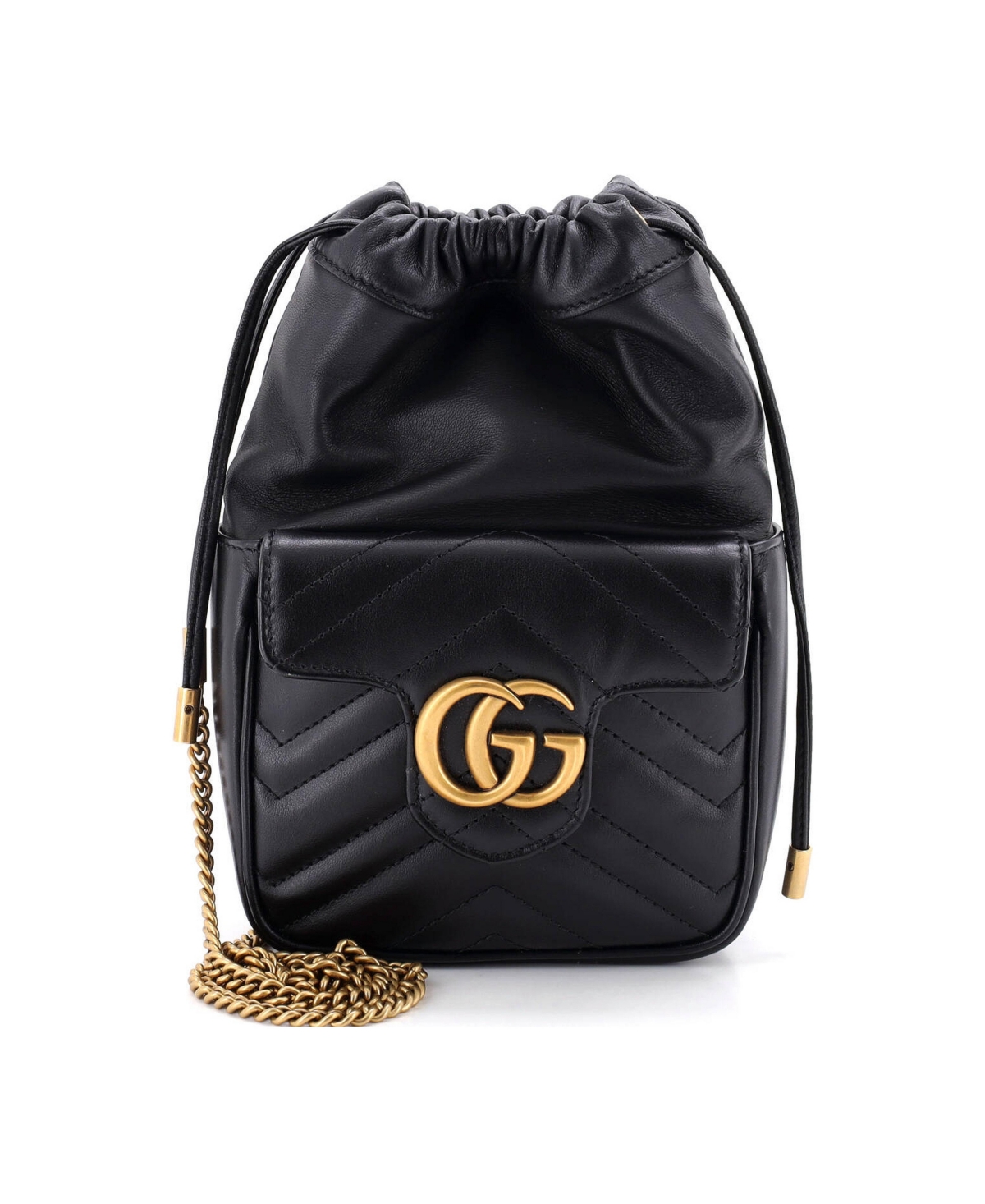 Pre-Owned Gucci Mini Gg Marmont Front Pocket Bucket Bag Matelasse Leather - Black