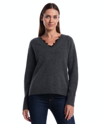 Petite V-Neck Lace-Trim Long-Sleeve Sweater