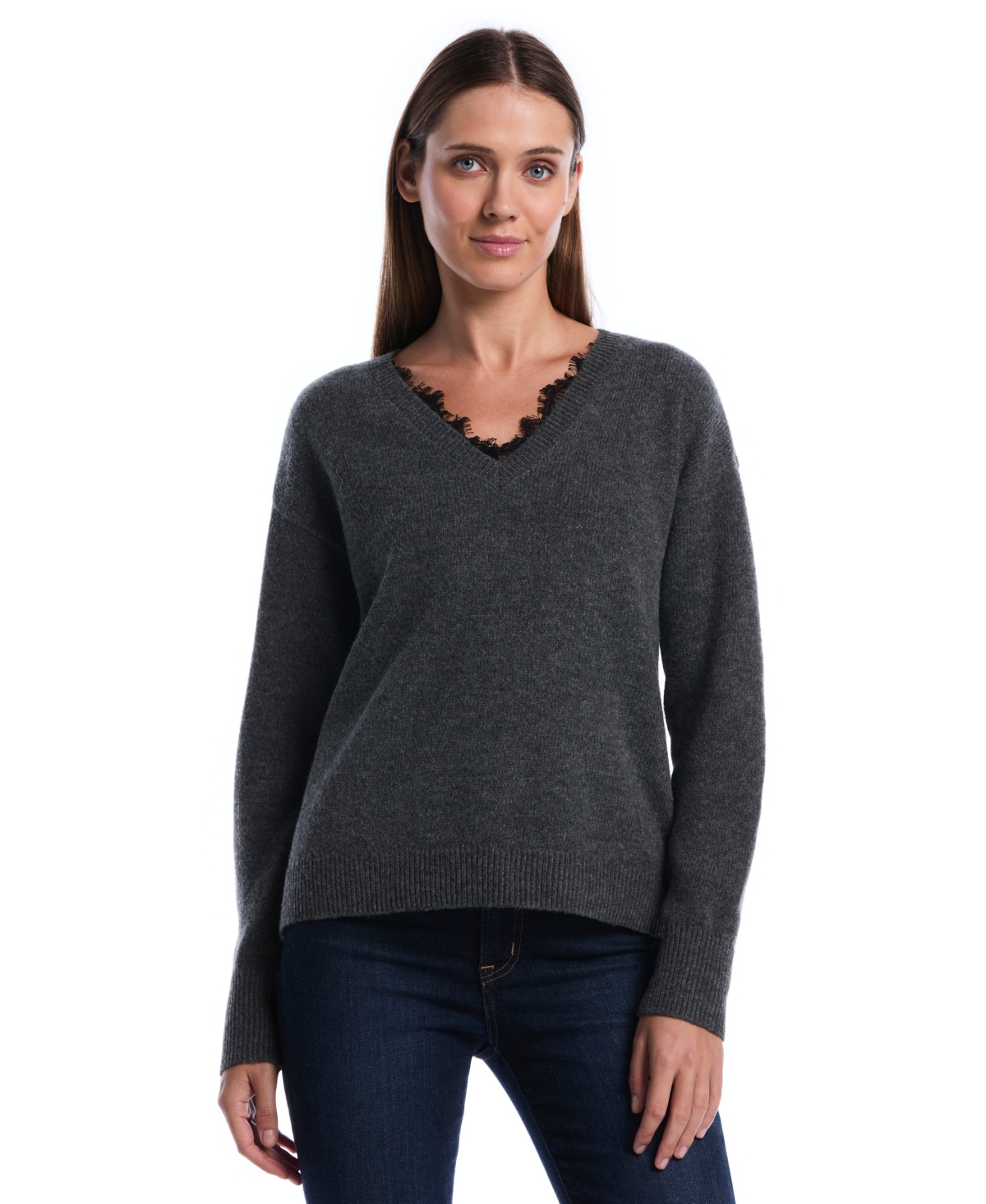 Rafaella Women's Petite Lace Trim V-Neck Sweater Top in Charcoal, Size XLP, 100% Polyester