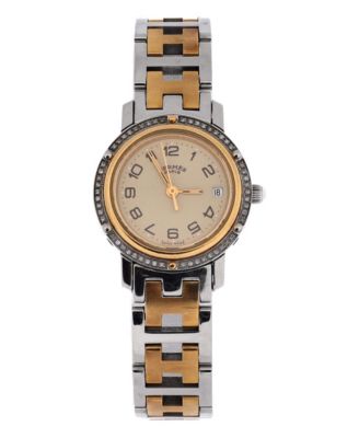 Pre-Owned HERMES Clipper Quartz Watch in Stainless Steel and Plated Metal with Diamond Bezel 24mm