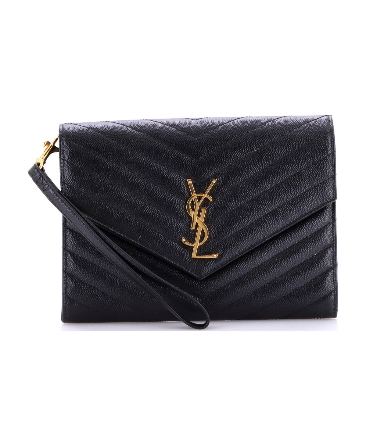 Pre-Owned Saint Laurent Classic Monogram Envelope Wristlet Clutch Matelasse Chevron Leather - Black