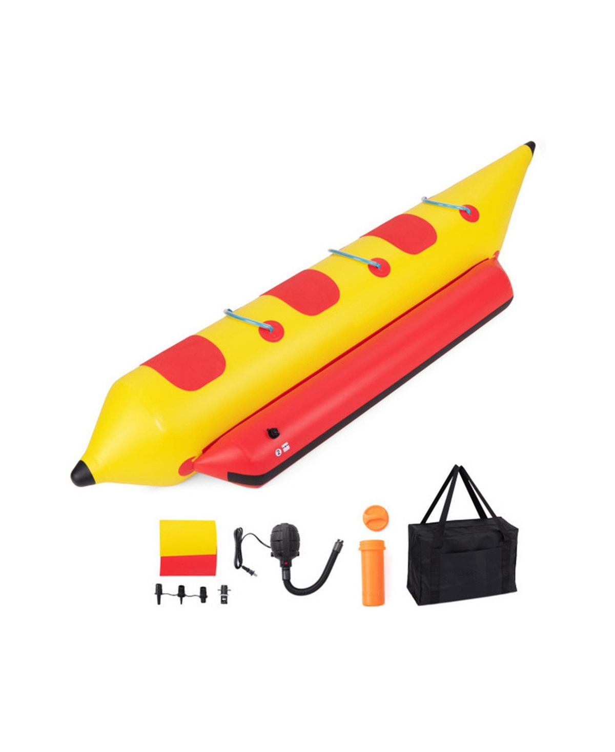 Sevorley 3-Person Inflatable Banana Boat with Electric Air Pump Carrying Bag and Repair Kit - Red / yellow