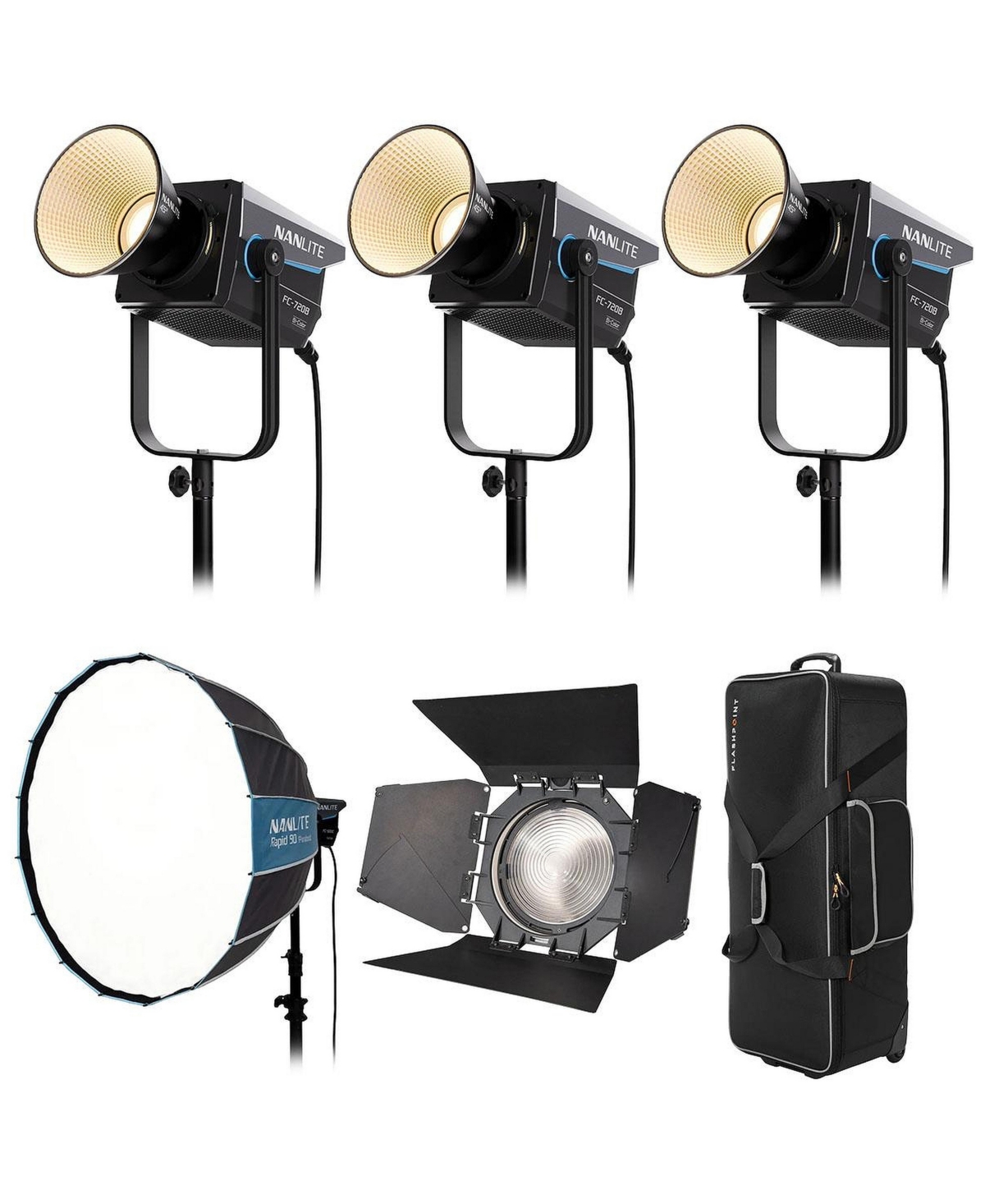Nanlite Fc-720 750W Bi-Color Led 3-Light Kit, Bundle with Rapid 90 Parabolic Softbox, Fl-20G Fresnel Lens and Cb-06 Wheeled Hard Carrying Case - Black